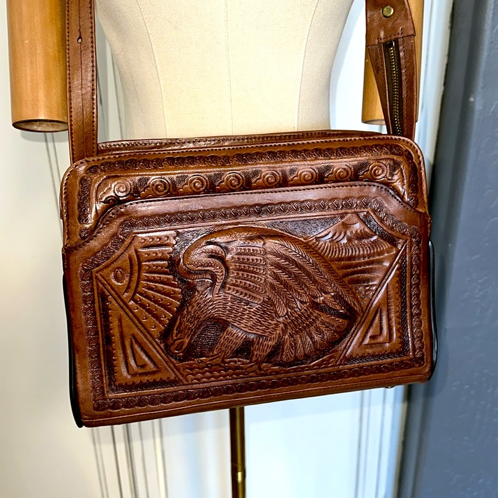 Vintage Brown hand tooled/crafted Embossed leather Eagle purse Aztec bag RARE